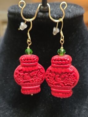 Red Carved  Drop Earrings